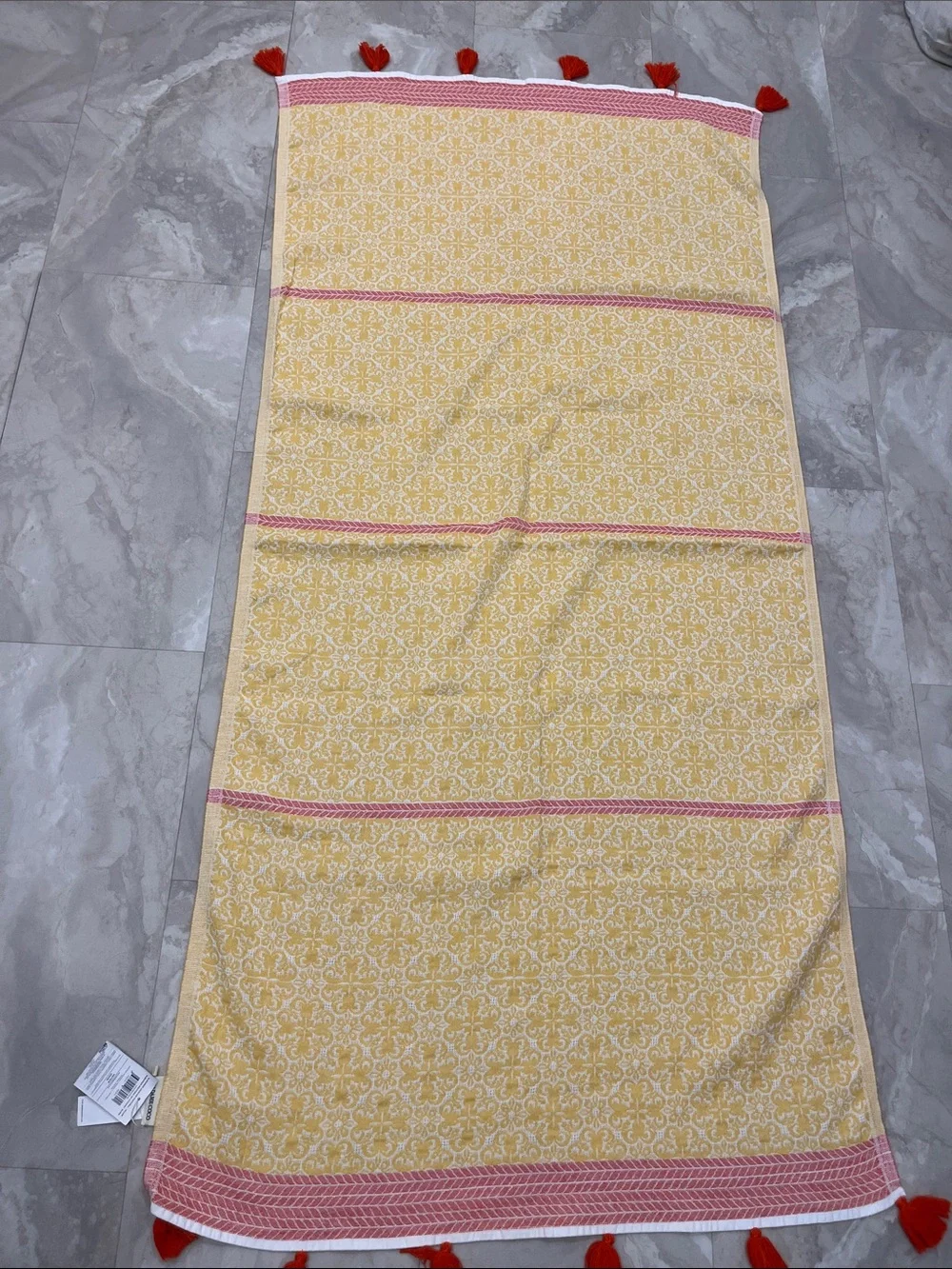 Turkish Towel Peshtemal Throw Yellow Cotton jacquard with Pink Trim & Red Tassel